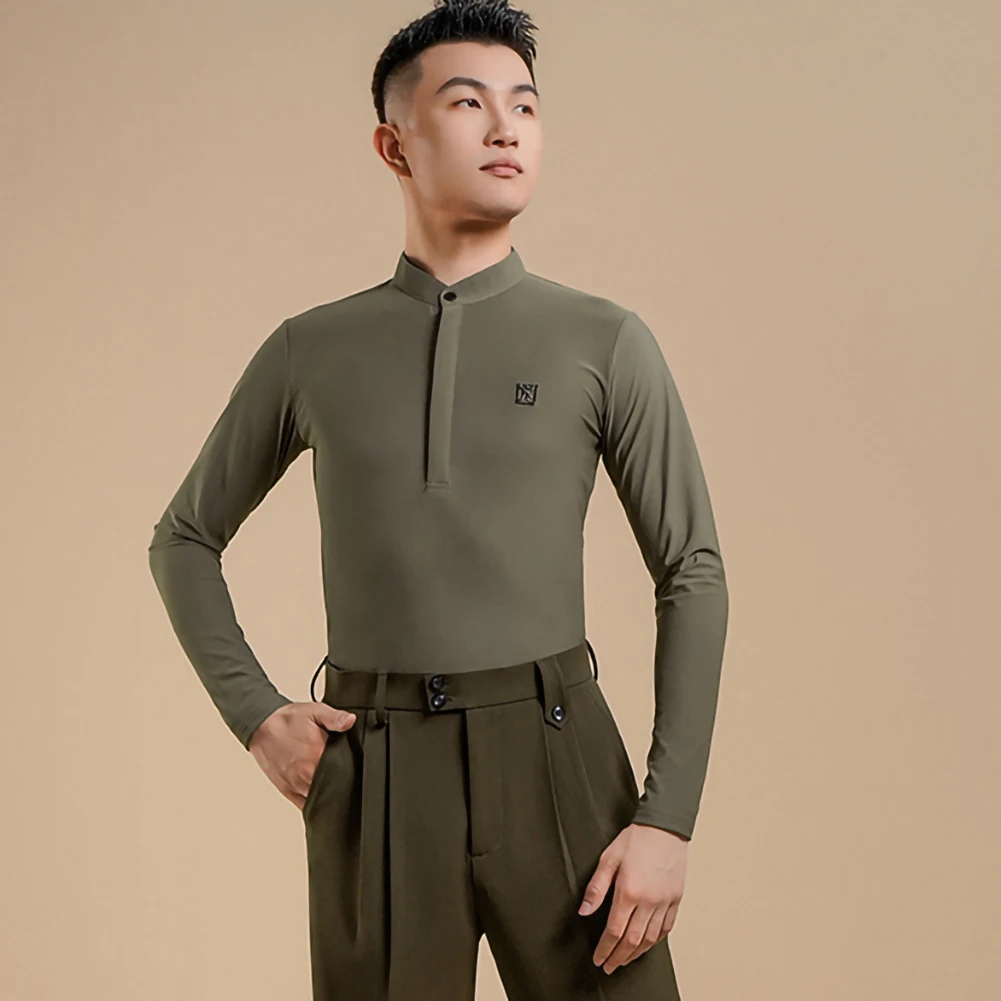 

Men's Long-Sleeved New Top Latin Practice Suit Stand Collar Black Pure Gray National Standard Jazz Dance Shirt