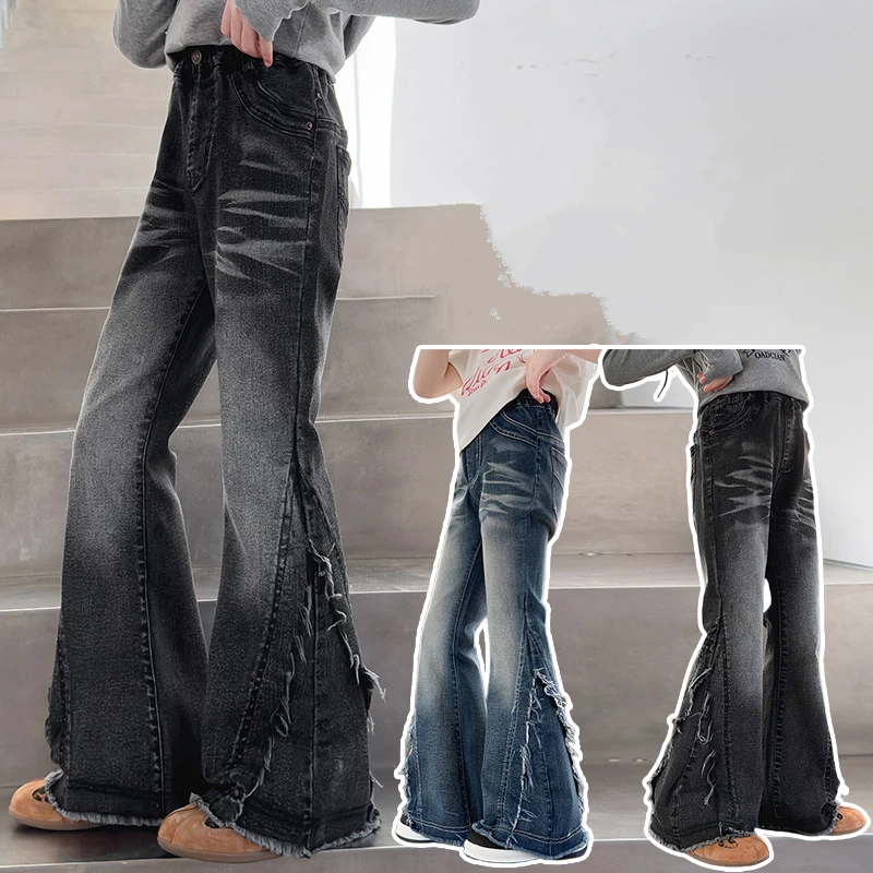 

Vintage Style Kids Girl High Fashion Boot Cut Flare Jeans With Raw Hem Children Retro Blue Black Color Bootcut Denim Pants 5-14Y