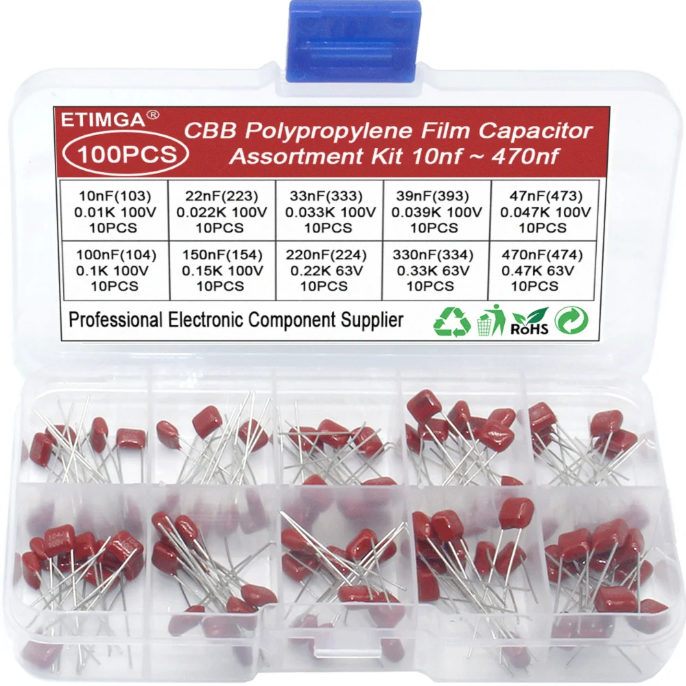 100PCS 10 Values CBB Assortment Kit Capacitor 63V 100VPolypropylene Film Capacitor 10nF 22nF 33nF 47nF 100nF 220nF  330nf 470nf
