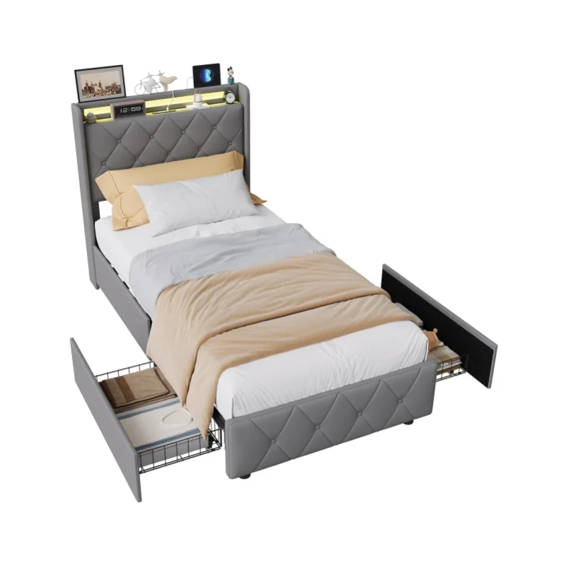 Einzelbett 90x200 cm, Jugendbett mit 2 Schubladen, Holzlattenrost, Kinderbett, Stauraumbett, LED-Beleuchtung, Flanellstoff