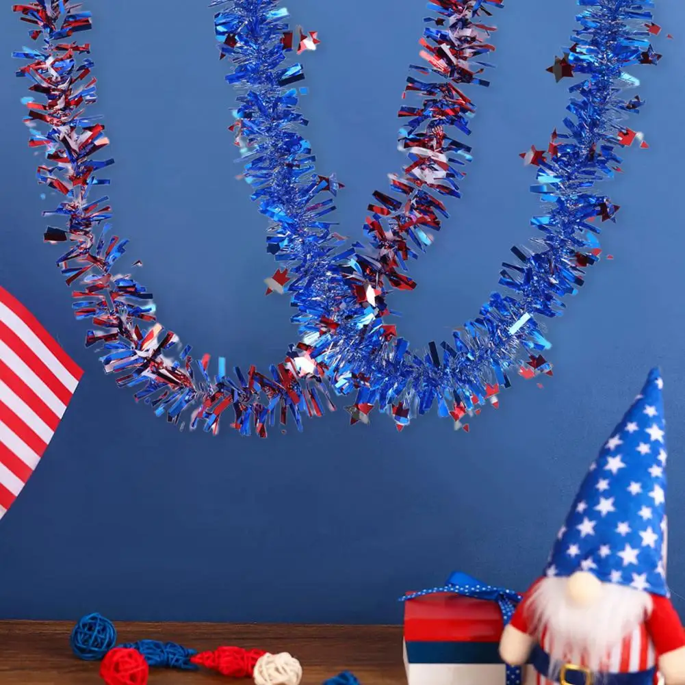 2 Meters Patriotic Tinsel Garland Red White Blue Metallic Wire Garland Stars Stripes Theme 4th Of July Memorial Day Color Bar