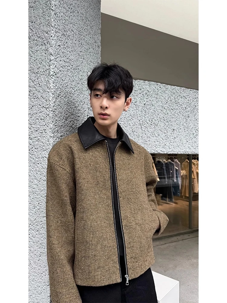 

Men's Woolen Jaet ort Sle Patchwork Collar Autumn Winter Outerwear Casual Faion Youth Stand Fit Straight Hem