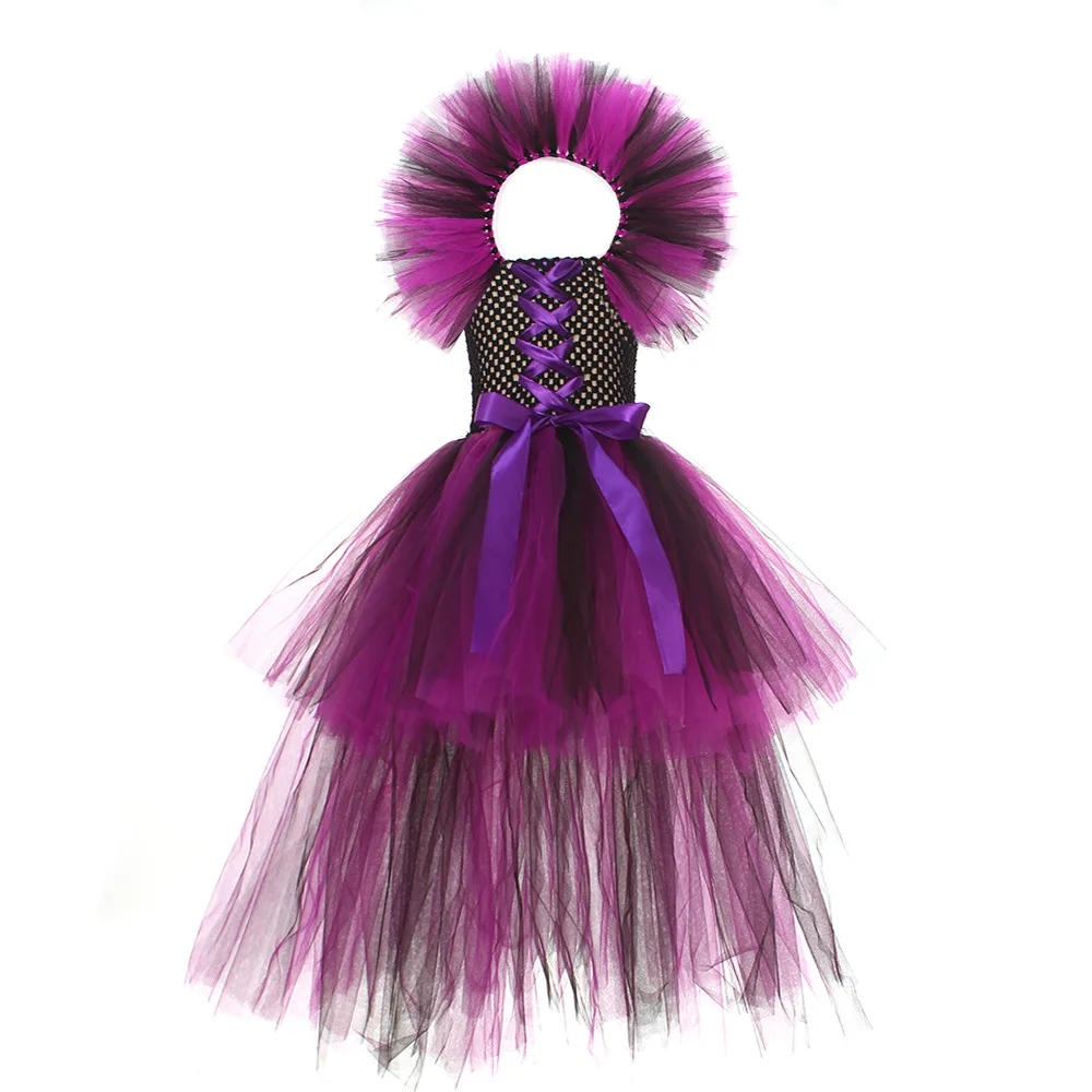 Mädchen Dark Angel Böse Königin Kostüm-Set Lila-Schwarzes Tüllkleid Mit Federflügeln Horn-Stirnband Für Halloween Karneval – Detail 10