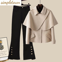 Korean Retro Personality Cape Jacket Blazer Bell-bottoms Two-piece Elegant Women's Trousers Suit Office Business Outlets