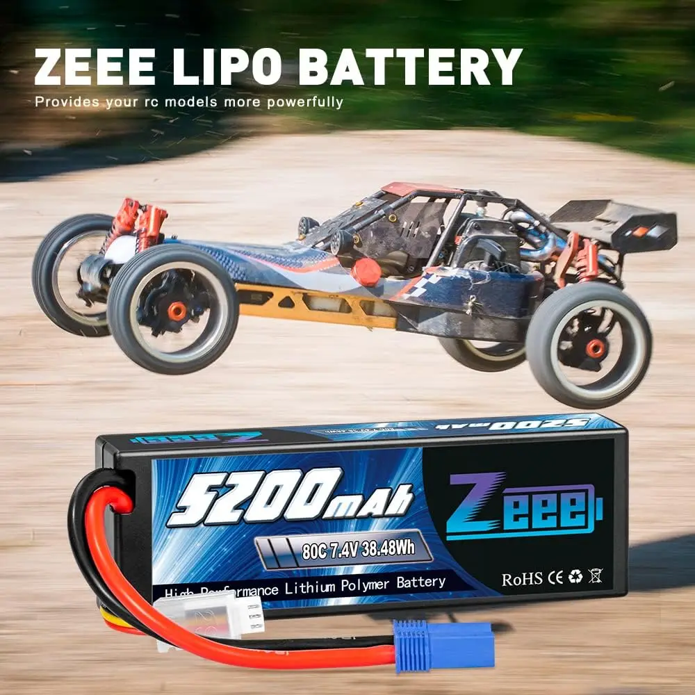 Zeee-Bateria Lipo Para Veículos Automoativos RC, Modelos de Drone Truggy Buggy, 2S, 5200mAh, 7.4V, Bateria 80C Hardcase, EC5, Plugue 3 T, 1/8, 1/10,