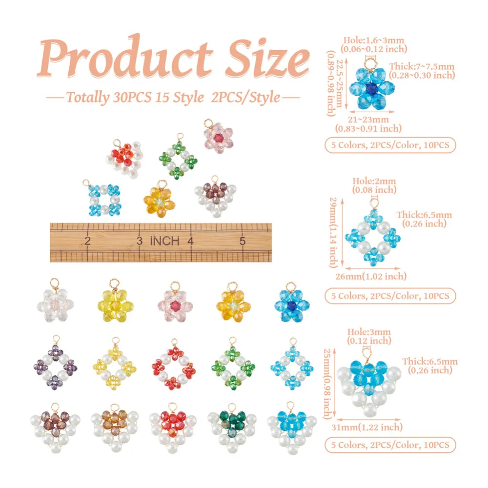 30Pcs Glass Beaded Pendants Flower Wire Wrapped Glass Pearls Charms with Loop for Spring Necklace Earrings Connectors Dangles