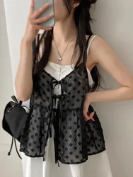 Summer Korean Style Overlap Tank Top Women Bow Lace Up Jacquard Polka Dot Outwear Vests Sweet Sleeveless Chiffon Tops Chic