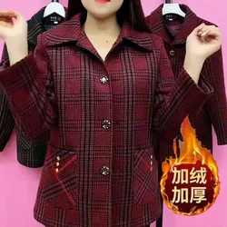 Women Plaid Coat Middle-Aged Elderly Mothers Add Velvet Padded Fashion Jacket Autumn Winter New Outwear Loose Warm Overcoat Tops
