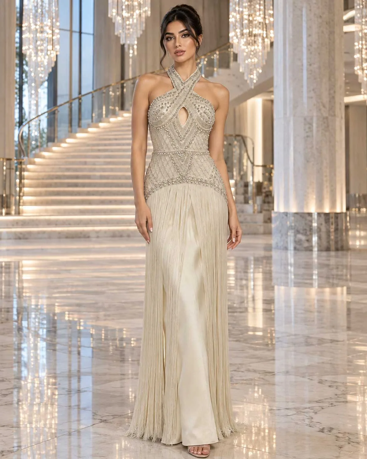 Aunber Exquisite Halter Chest Cut-out Evening Dresses Full-Body Rhinestones Beads Pearls Tassel Floor Length Prom Party Gowns
