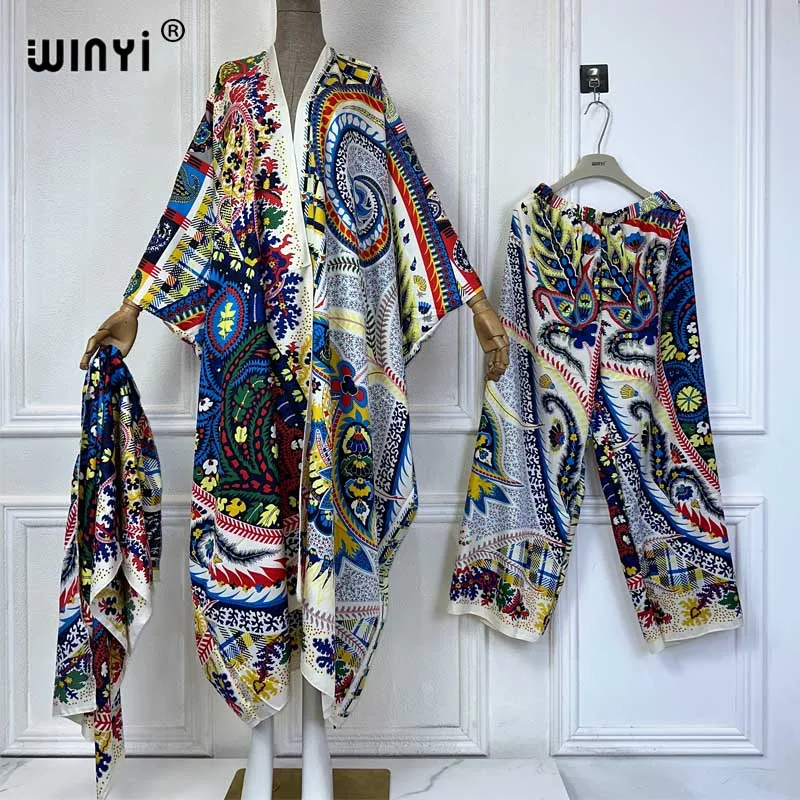 

WINYI Summer fashion two-piece pant sets Boho Printed Batwing Sleeve kimonos Women Printing Fashion Cardigan Pants أطقم بناطيل