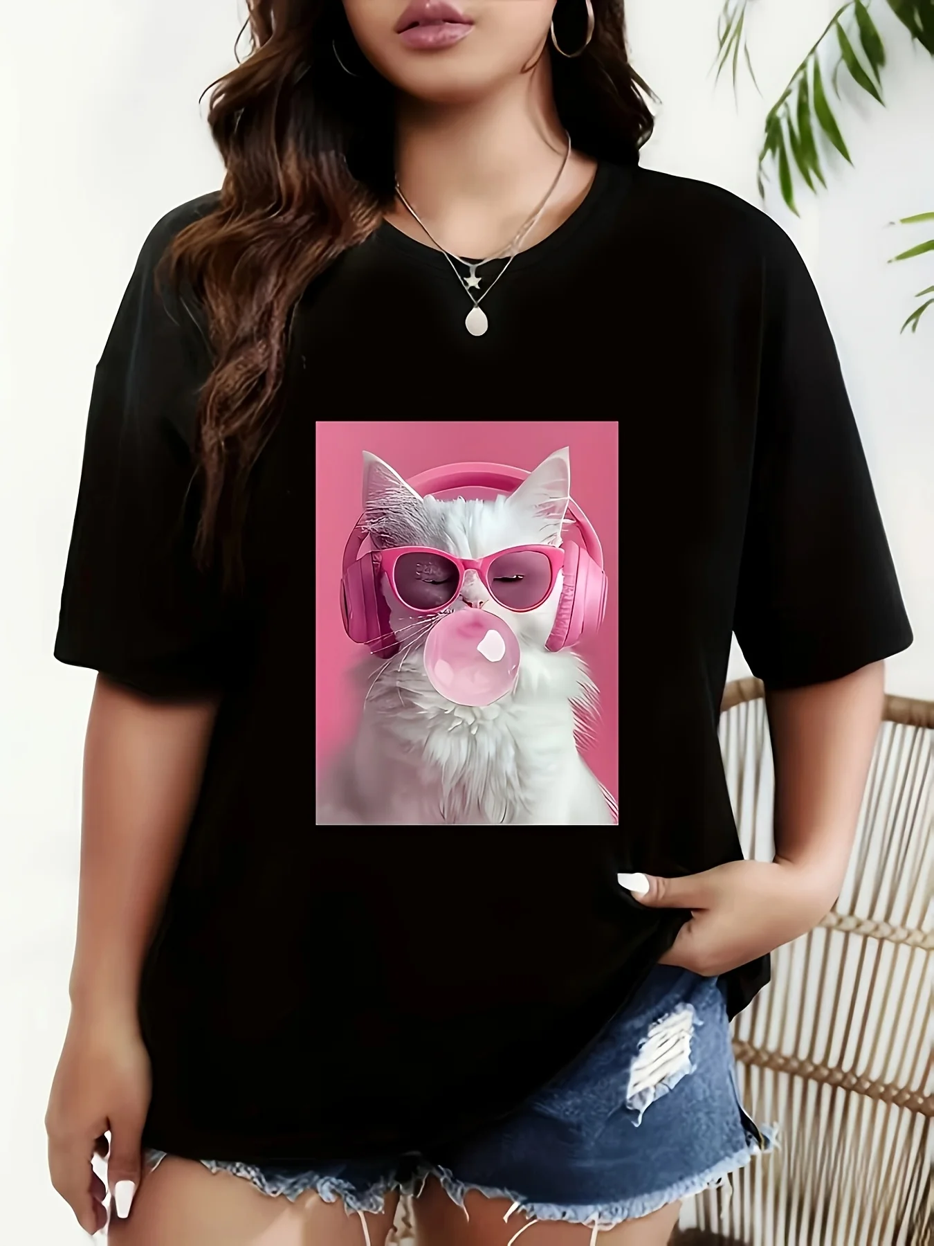 With Cat Print Featuring Cat Wearing Pink Headphones and Fashion Glasses While Blowing Bubblegum Bubble Sleeve Crewneck Printed