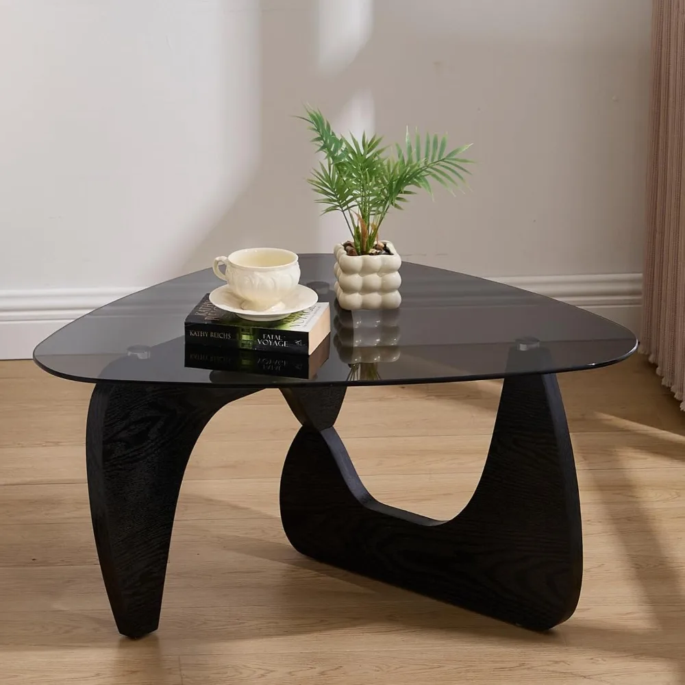 

Modern Triangle Glass Coffee Table, 16 Inch High Glass Top Abstract Small End Table with Solid Natural Wood Base, Tea Tab