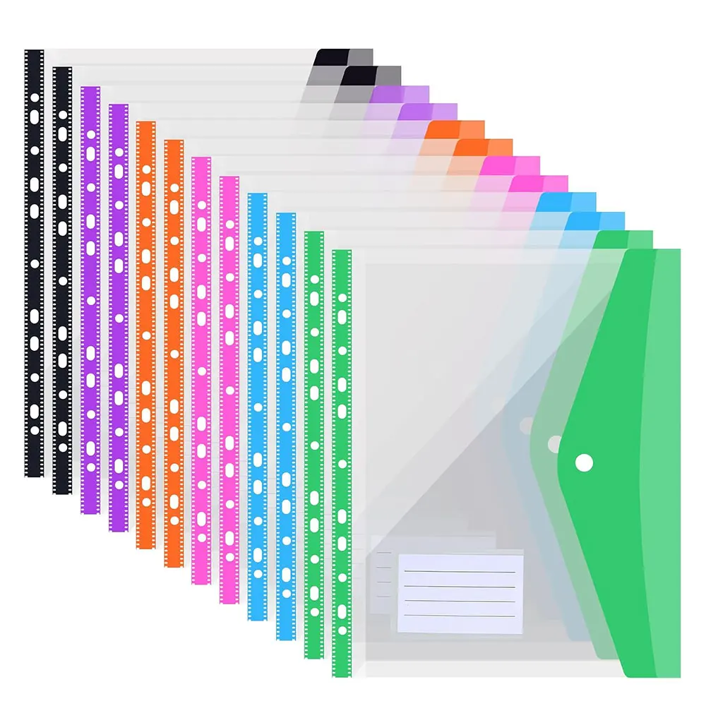 12pcs A4 Plastic File Pockets, 6-Color Clear Expandable 11-Hole Binder Bags for 2/3/4-Ring Binders, Snap Closure & Label Slot