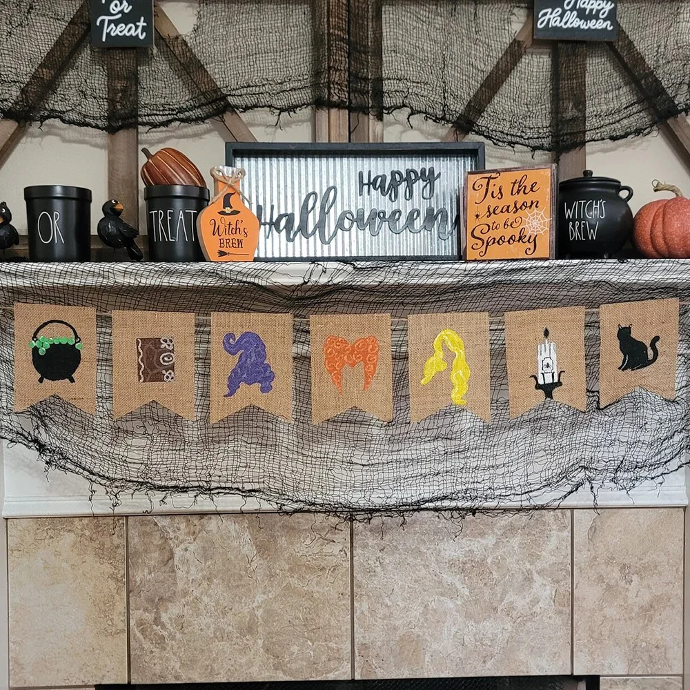 Bannière en toile de jute imprimée Caldeirons de Sorcière, Décoration Hocus Pocus pour Fête d'Halloween, Guirlande Sinistre pour Festival d'Automne, à suspendre au mur ou au foyer