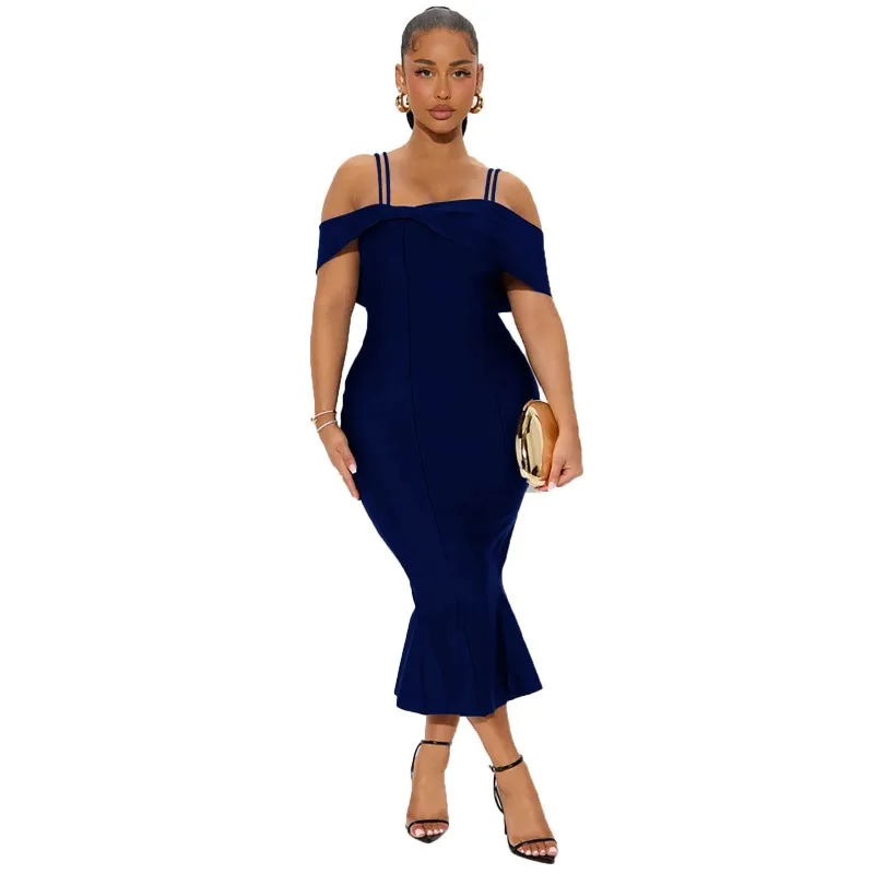 Customized women's sexy tight party dress with off shoulder camisole, MIDI skirt, ruffled cocktail party dance dress view 5