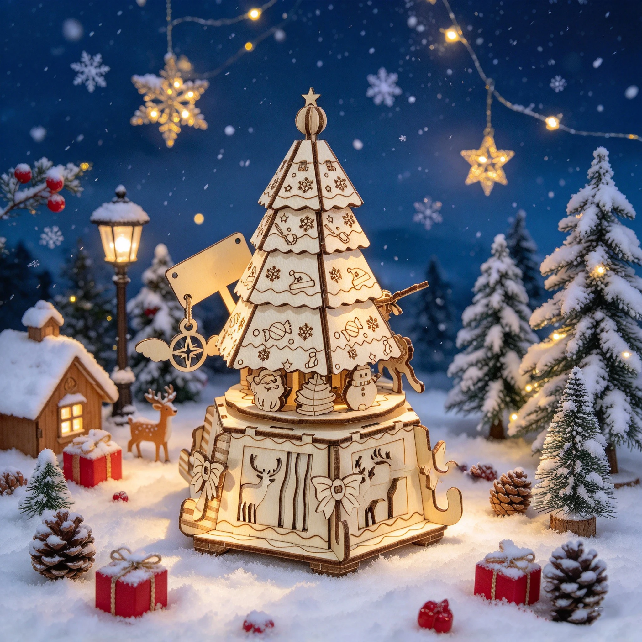 DIY 3D Wooden Christmas Tree Music Box, Rotating Musical Model, Xmas Gift & Ornament