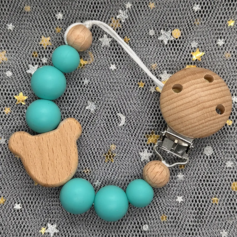 Baby Custom Name Silicone Beads Wooden Ring Pacifier Clips silica Mouse head Teething Chains Teether Dummys Beech Clips Holders