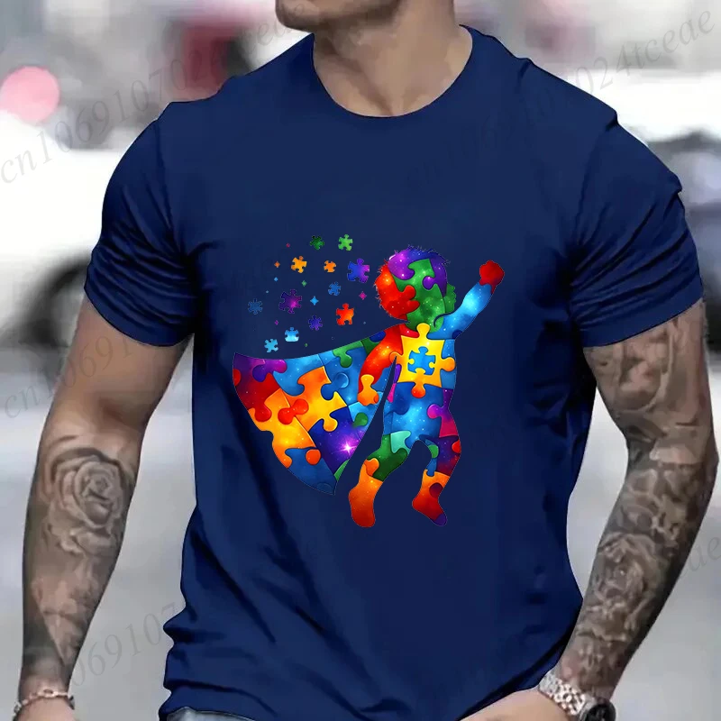 Funny Hero Autism Awareness T-shirt for Men Acceptance Neurodiversity Puzzle Graphic Y2k Tops Hip Hop Oversized Male Clothing