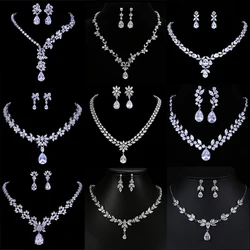 SUGO New Fashion Luxury Dazzling White Water Drop Zirconia Earrings Necklaces Sets for Elegant Women Wedding Dress Accessories