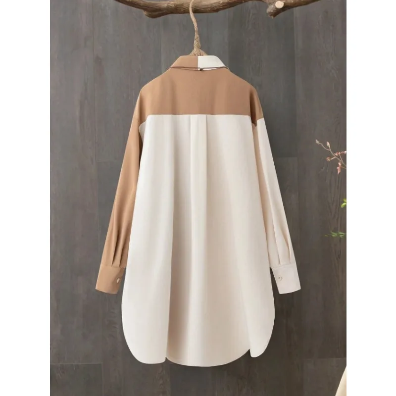 حجم كبير 1XL-5XL المرأة المرقعة قميص مع طية صدر السترة الياقة السيدات عادية كم طويل بلوزة قميص أعلى