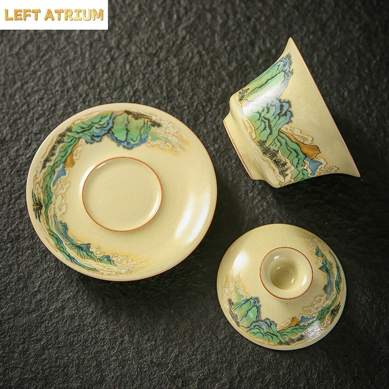 Handmade Retro Gracked Glaze Ceramic Tea Bowl, Large Beige Ru Ware Gaiwan, Kung Fu Tea Set, Tea Making Device, 170ml