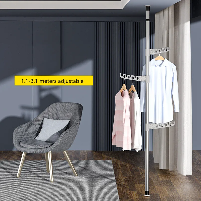 Floor-To-Ceiling Clothes Drying Rack Floor-Standing Cloth Hanger Multifunctional Metal Simple Hanging Bag Coat Rack Storage Hook