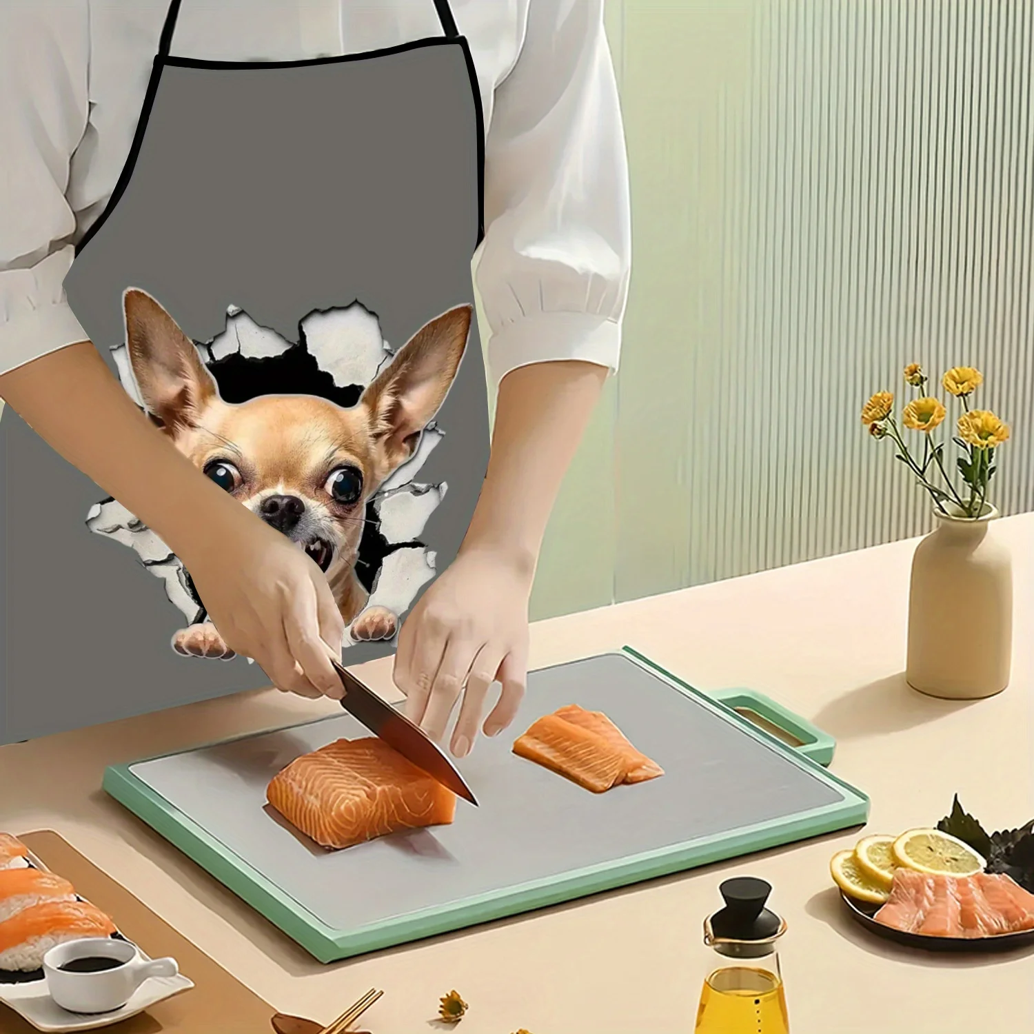 Funny Chihuahua Dog Apron, 3D Breaking Wall Puppy Graphic Cooking Bib, Pet Lover Kitchen Decor, Novelty Gift for Dog Owners