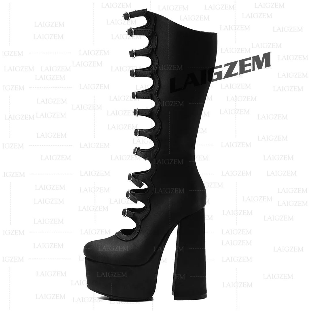 LAIGZEM Women Sandals Satin Knee High Round Toe Full Side Zip Chunky Thick High Heels Pumps Ladies Shoes Woman Big Size 41 45 52