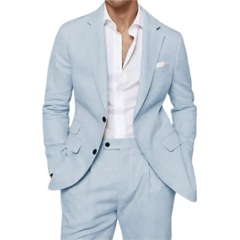 남자 정장 맞춤형 리넨 정장 2 조각 블레이저와 바지 세트 노치 옷깃 남성용 세련된 여름 해변 웨딩 정장