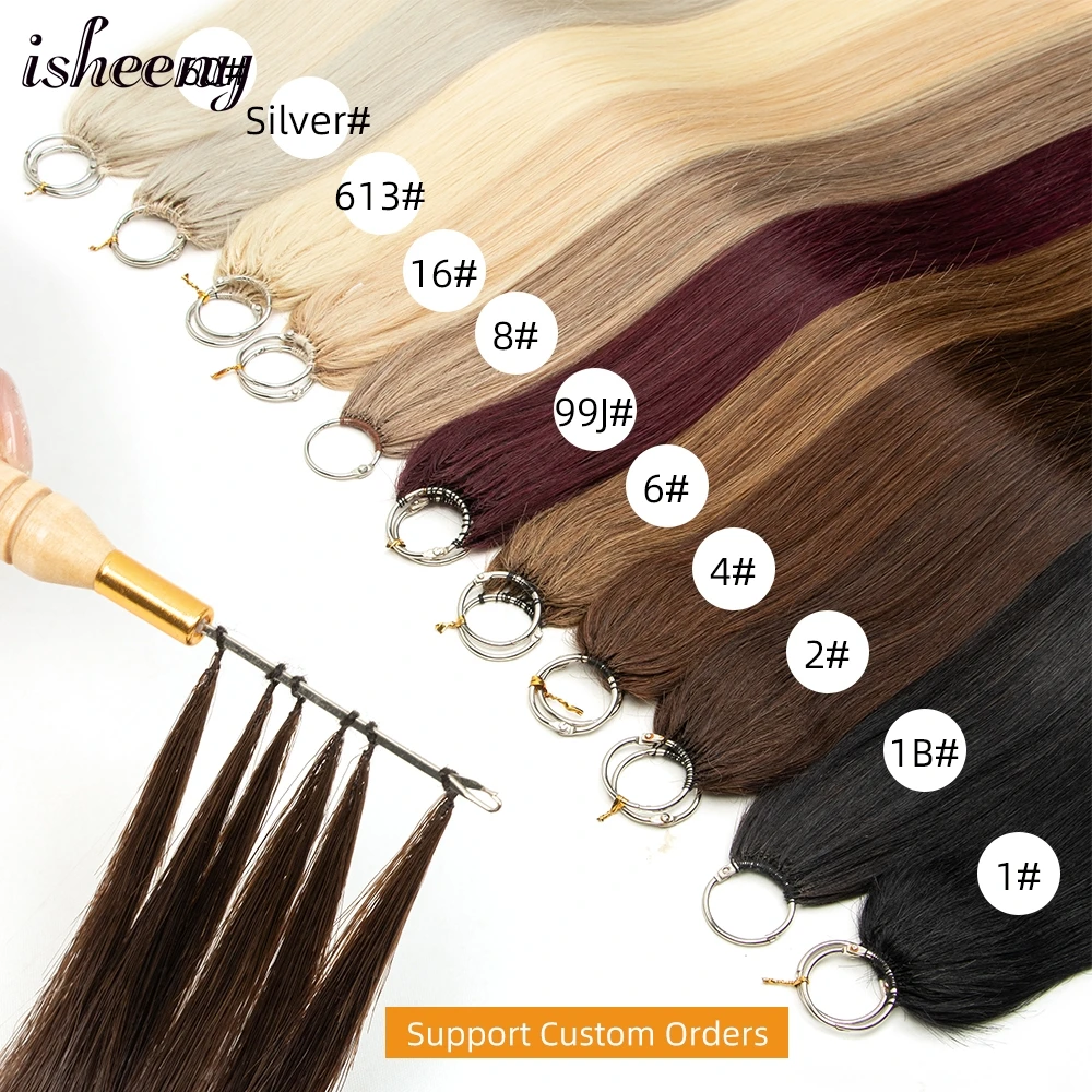 Isheeny สีบลอนด์ Feather ต่อผมมนุษย์ตรง 16 "18" 20 "22" Hand Knotted Micro Loop ผม 40 ชิ้น/แพ็คสําหรับ Salon Supply