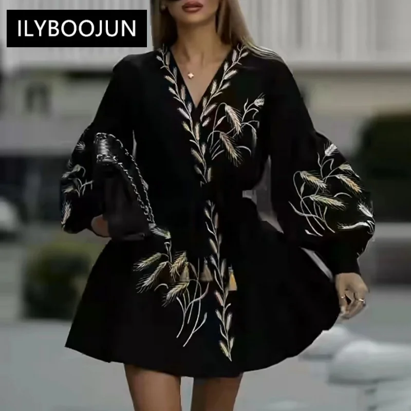 

Patchwork Embroidery Casual Mini V Neck Lantern Sleeve High Waist Temperament A Line Dress Female For Women 2023 Luxury Brand