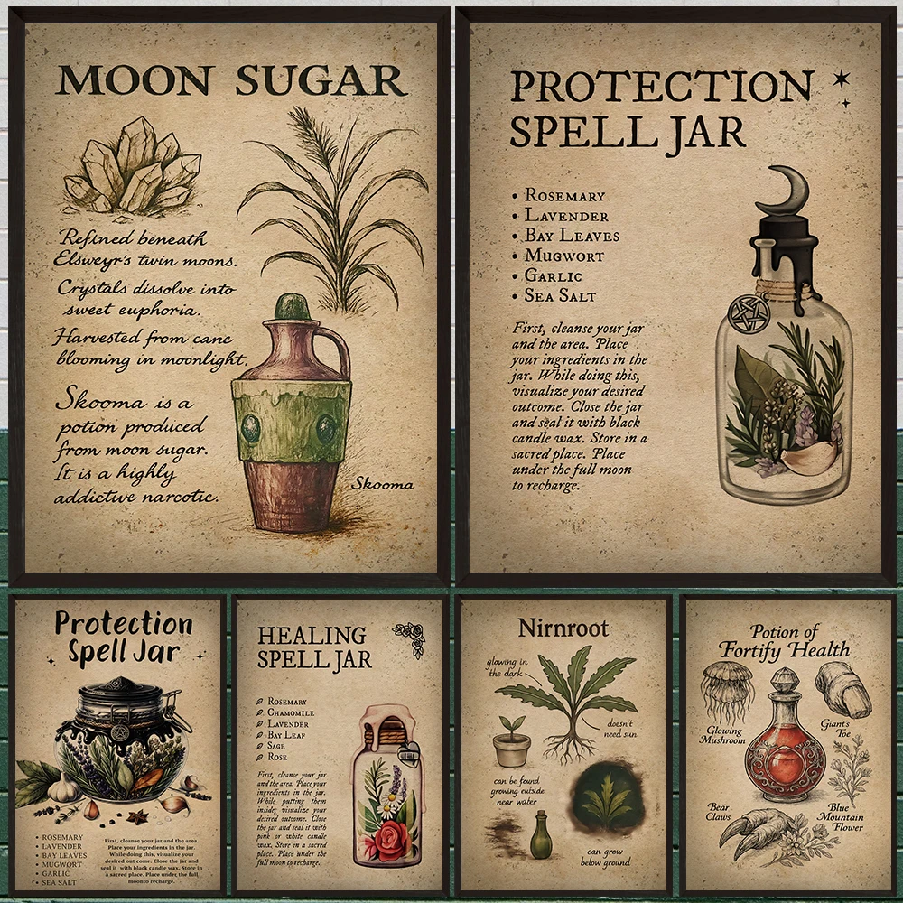 Herbal Magic Witch Potion Vintage Wall Art Canvas Painting,Pagan Witchcraft Potion Antique Illustrations Art Poster Print Decor