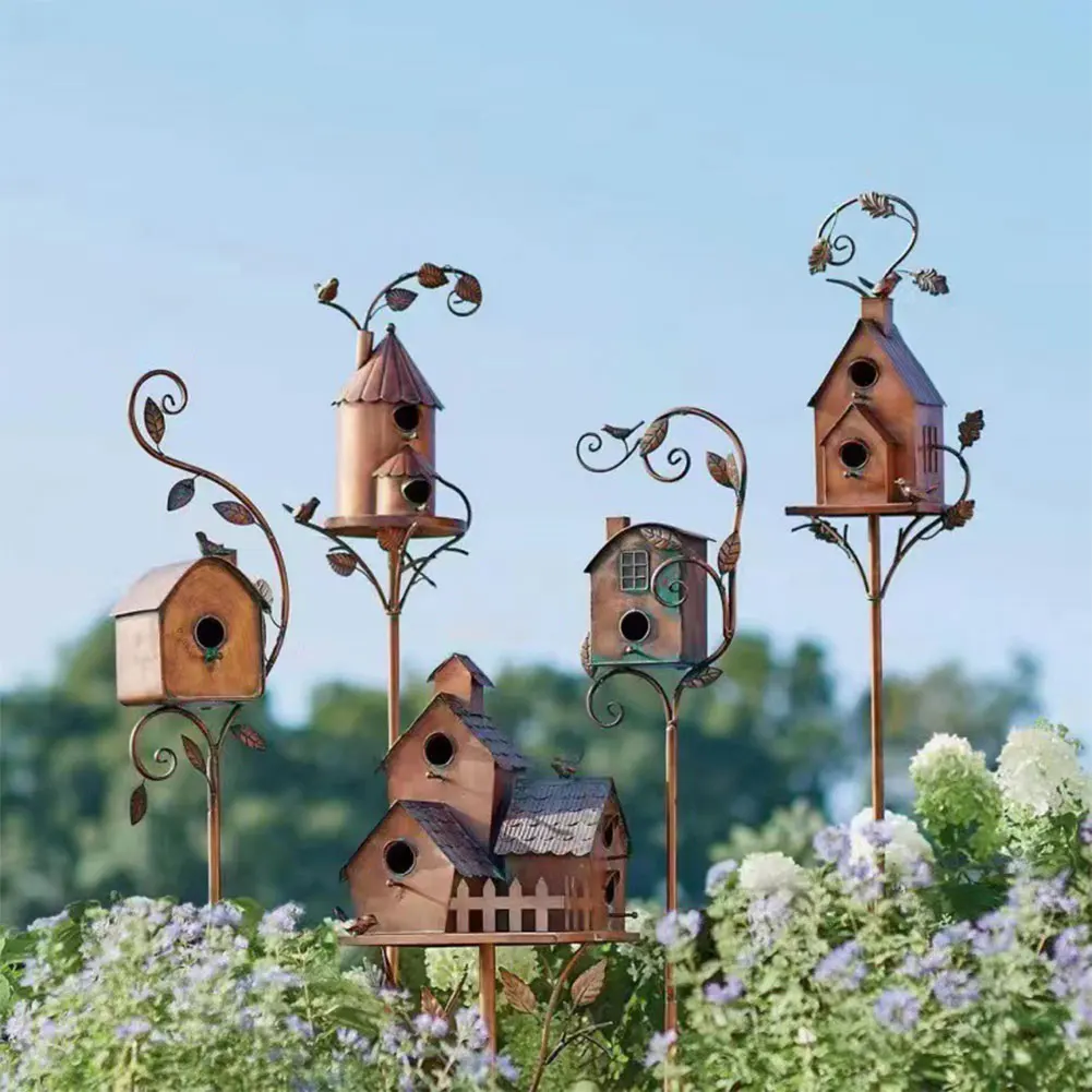 Metal Birdhouse Garden Stakes Art Crafts Miniatures Bird Feeders Outdoor Bird House For Garden Decorations