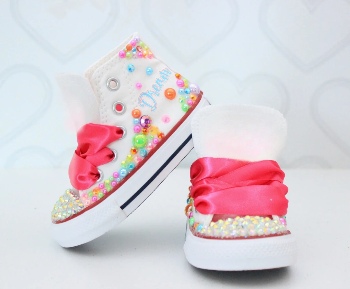 Dollbling Personalized Any Name Kids Pearls Sneakers Rhinestones 1st Birthday Tutu Party Candyland Girl Canvas Trainers