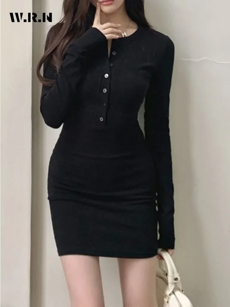 

Women Vintage Sexy Long Sleeve O-Neck Sheath Solid Mini Dresses 2024 Winter Clubwear High Waist Slim Fit Single Breasted Dress