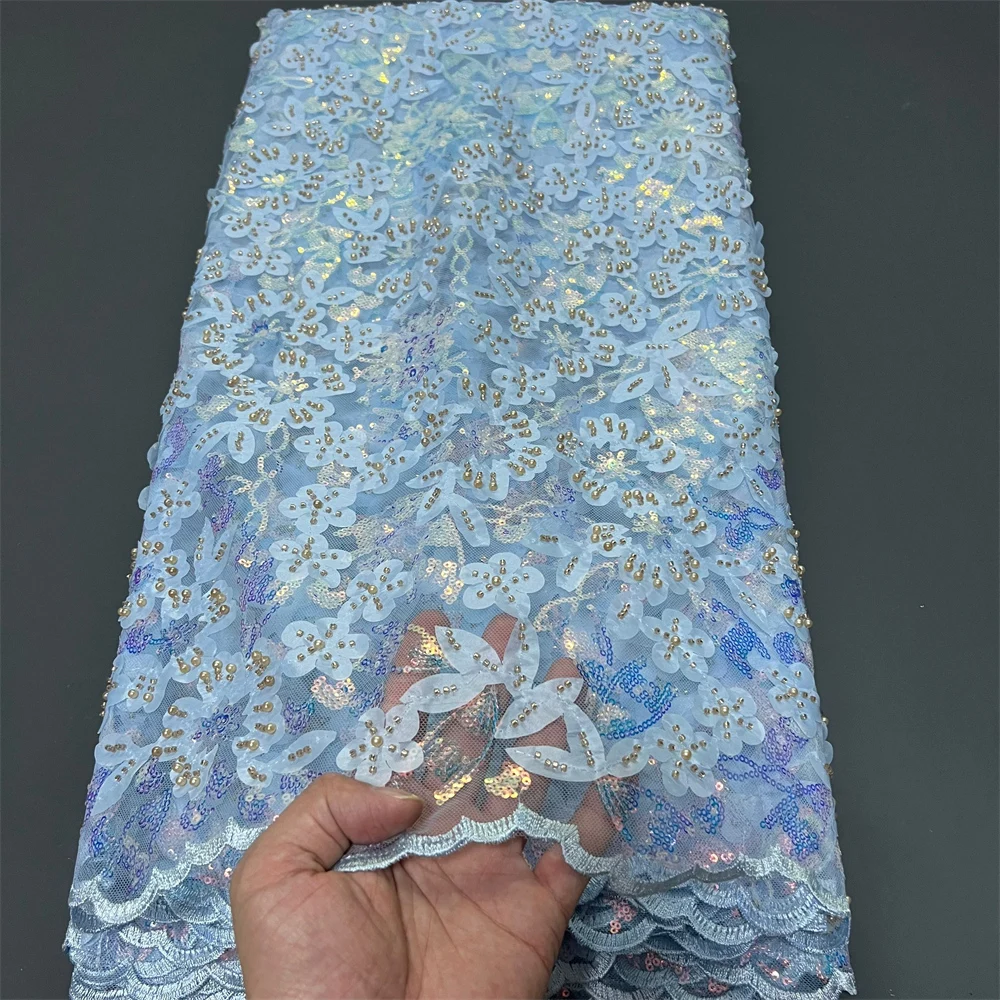 

African Nigerian 2025 Latest High Quality With Tulle Sewing Lace Fabric Guipure Embroidery Dresses Sequins Beads 5Yards ZJ086