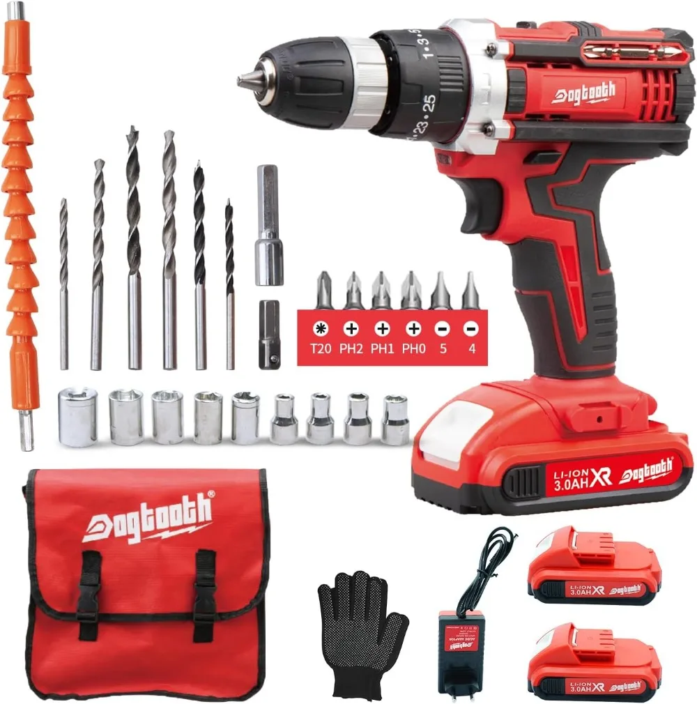 DOGTOOTH 21V MAX Cordless Drill Driver, with 2 Lithium Batteries and Charger,2 Variable Speed,with LED Work Light,Bits Kit