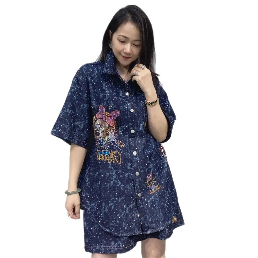 Conjuntos de pantalones cortos de mezclilla para mujer, conjuntos de dos piezas, blusa informal con cuello vuelto de dibujos animados, conjuntos a juego de gran tamaño, moda coreana