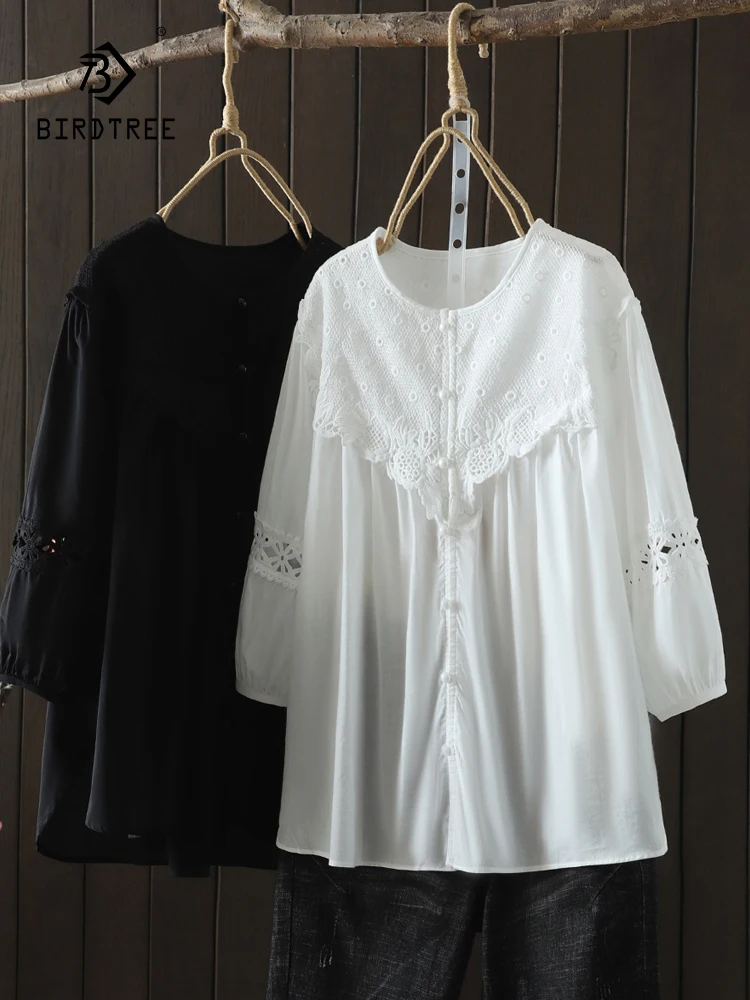 

New Spring Cotton Solid Shirt Women O Neck Long Sleeve Lace Splicing Tops Girl Loose Simplicity OL Blouses 2024 Autumn T44064QC