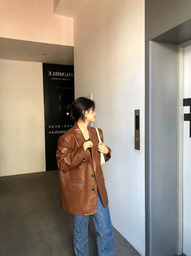 Lose Beiläufige Braun Leder Jaet frauen Frühling Herbst Neue Sle Koreanische Version Retro PU Anzug Mantel Lange Sve pendeln