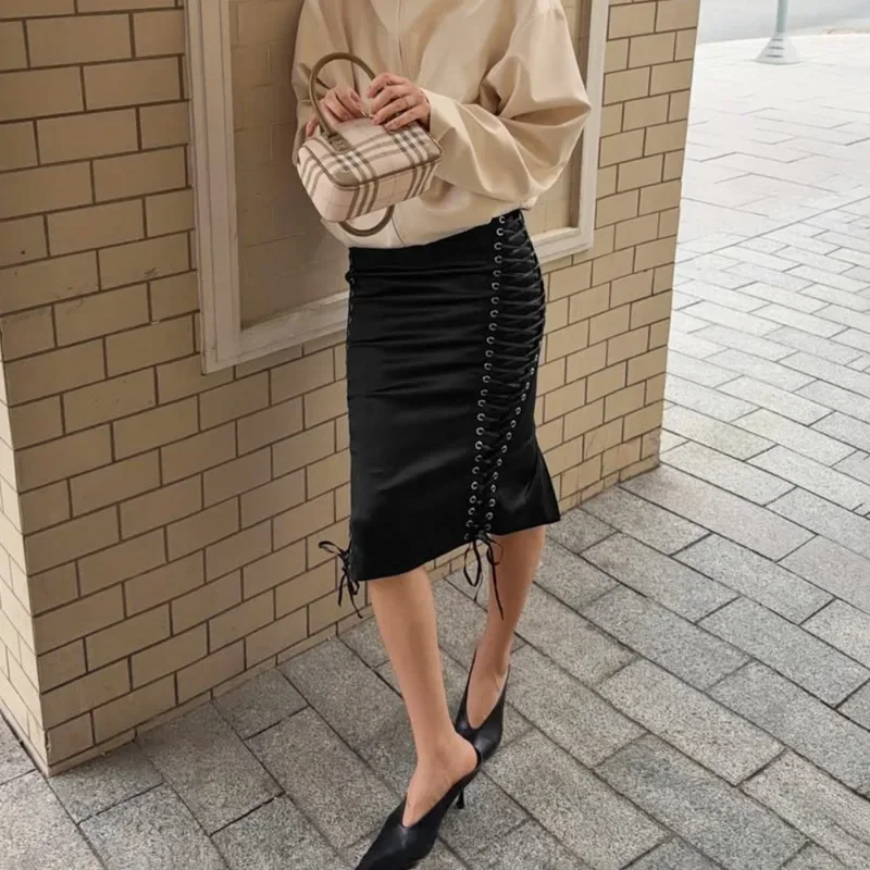 Leosoxs Vintage Satin Midi Skirts Black Chiffon Hollow Split Lace-up Bodycon Skirt Elegant Party Y2k Streetwear Women's Skirts