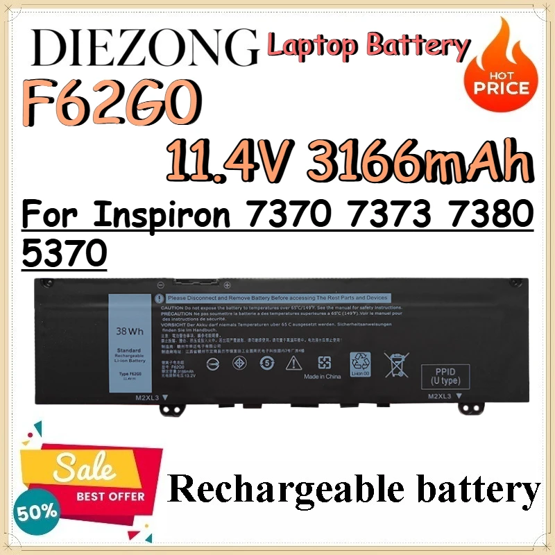 F62G0 11.4V 3166mAh Laptop Battery for Inspiron 7370 7373 7380 5370 Replacement Lithium Battery for Laptop