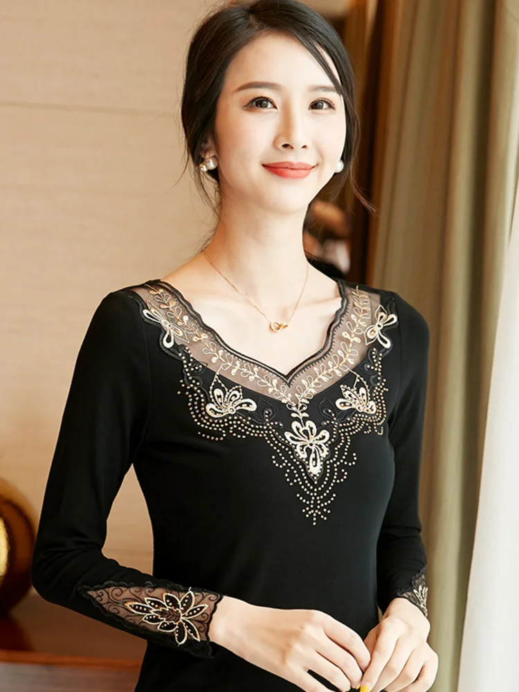 Lace Patchwork Modern Dance Tops Traditional Costume Jazz Long Sleeves Adult Waltz Competition Party Latin Women T-shirt 2024