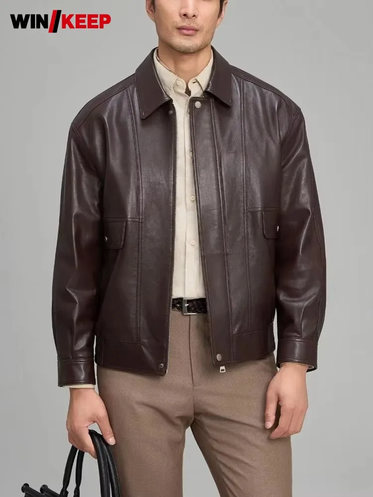 

Business Casual Style Solid Color Long Sleeves Genuine Leather Jacket Loose Male Zipper Pocket Sheepskin Baseball Outerwear