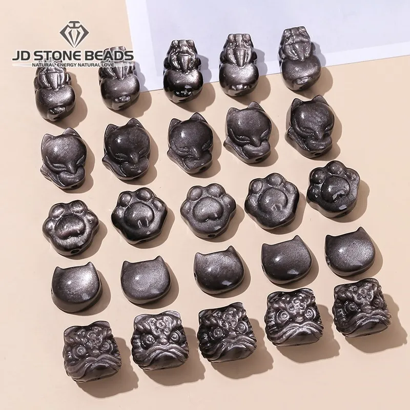 1 Pc Natural Stone Gold Silver Obsidian Carved Bead Cat Paw Pixiu Animals Cute Bead With Hole For Jewelry Making Diy Necklace