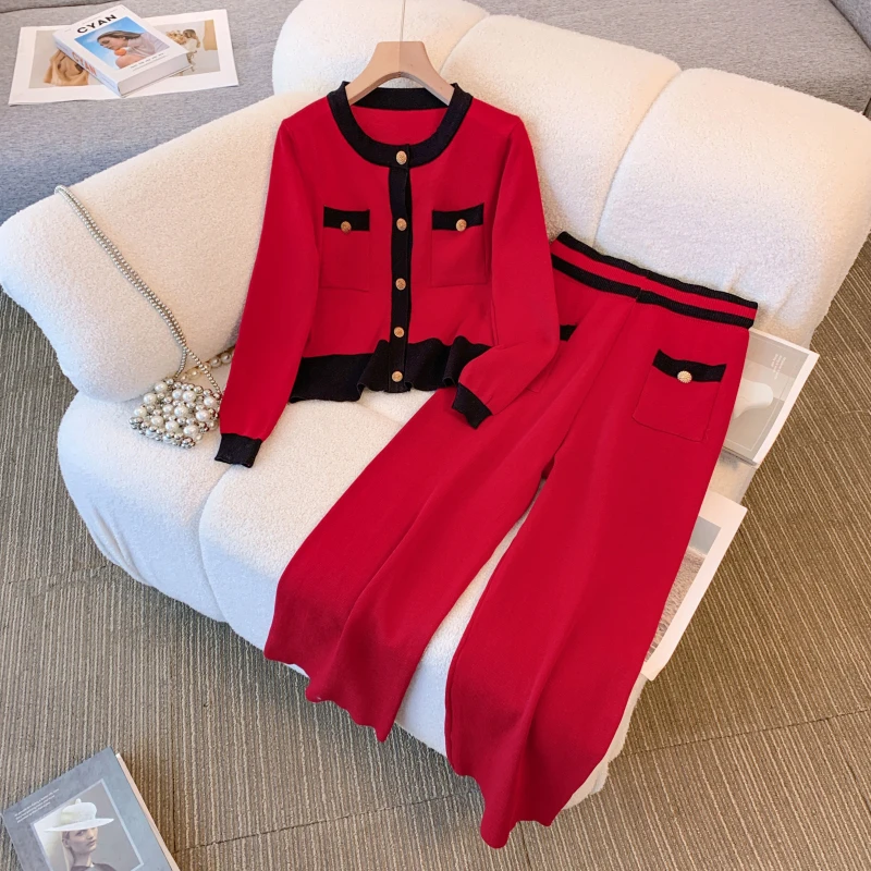 M-4XL nuovo autunno inverno maglione pantaloni vestito donna O collo monopetto lavorato a maglia Cardigan allentato + pantaloni a gamba larga due