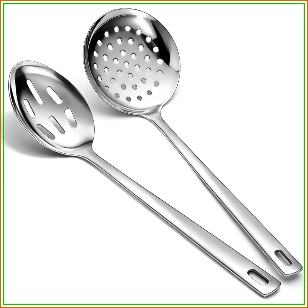 2-Piece Stainless Steel Slotted Spoon & Spider Strainer Set, 13-Inch Long Handle for Pasta, Frying, Cooking