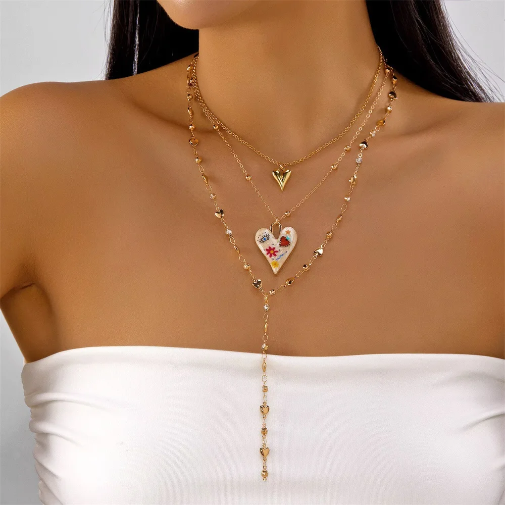 Boho Multi Layer Heart  Necklace Women Dried Flower Enamel Heart Pendant Gold-Plated Stackable Y Drop Daily Jewelry Gift New