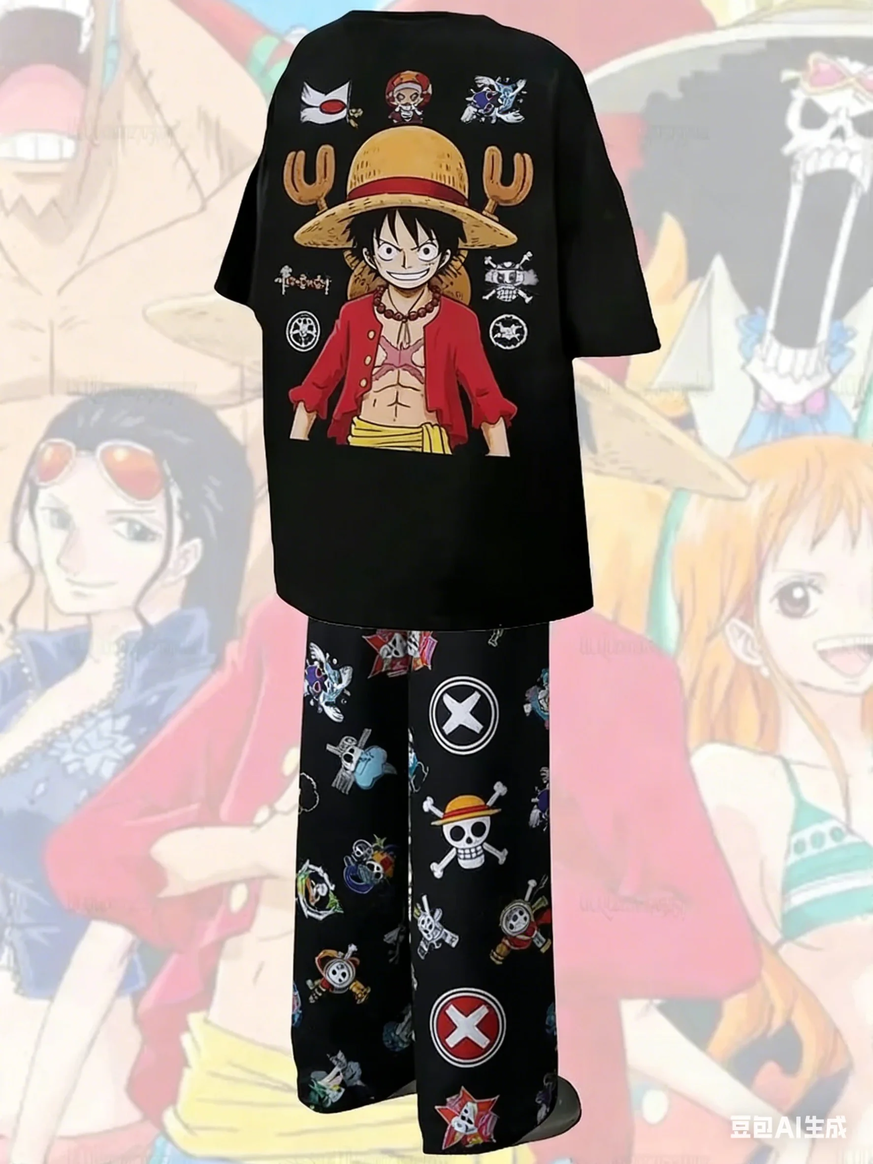 2026 Neues One Piece Monkey D. Luffy Strohhut-Print Pyjama-Set T-Shirt & Hose Unisex Anime Schlafanzug Weiche Atmungsaktive Loungewear