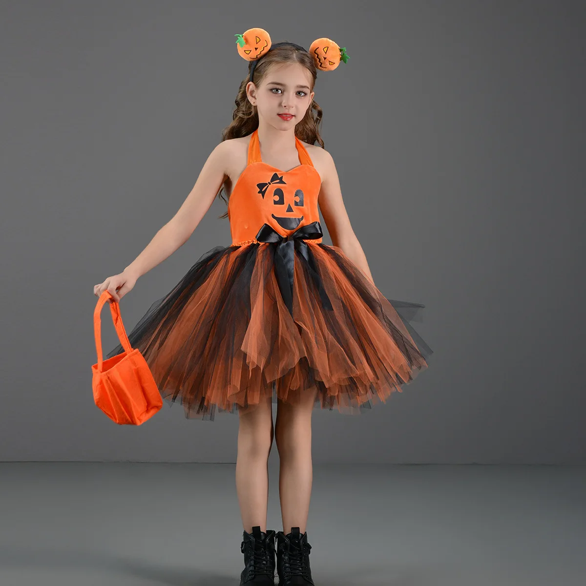 Halloween Child Pumpkin Cosplay Costume Girls  Nylon Mesh Tutu Dress Headdress Bag Kids Birthday Party Performance Dresses